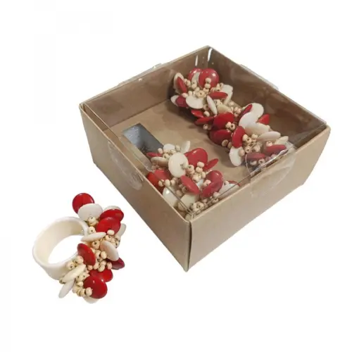 Juego de 4 servilleteros con cuentas crema con rojo de 6cm