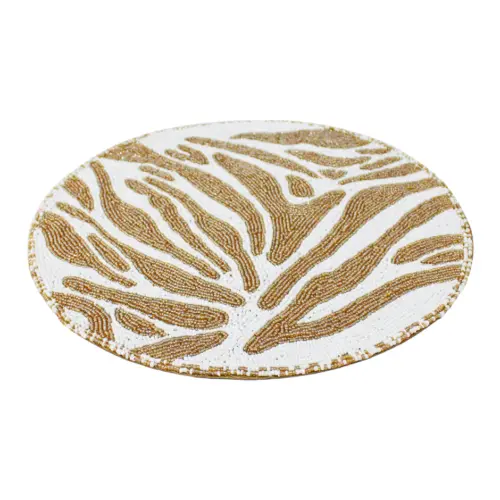 Mantel individual bordado de chaquiras a rayas doradas con blanco de 35cm