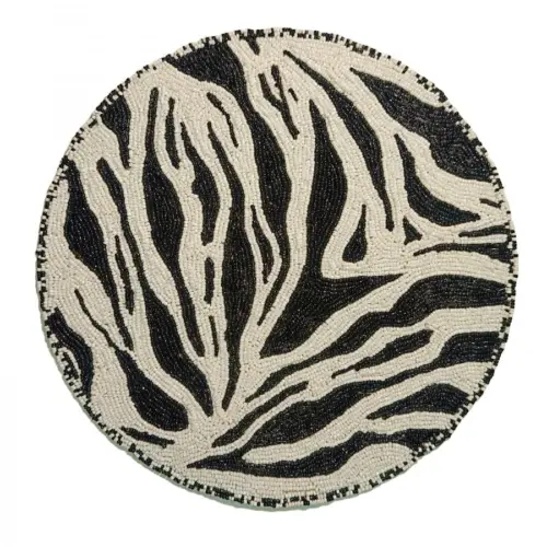 Mantel individual bordado de chaquiras a rayas blanco con negro de 35cm