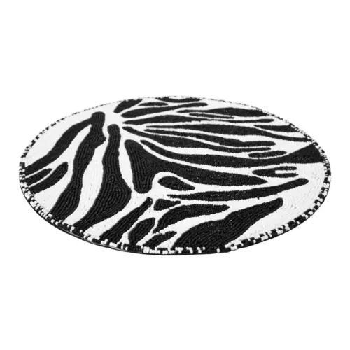 Mantel individual bordado de chaquiras a rayas blanco con negro de 35cm