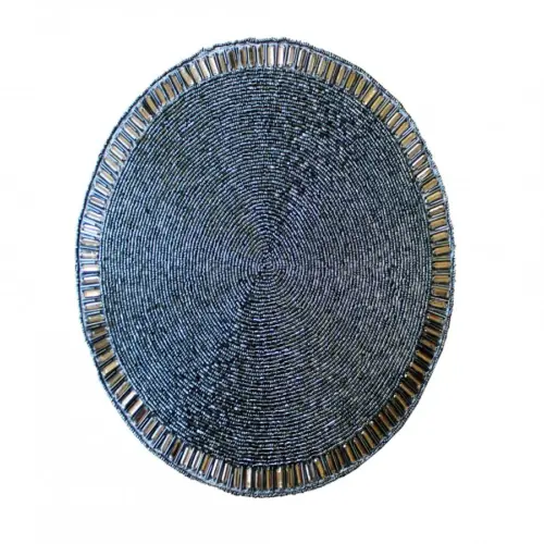 Mantel individual bordado de chaquiras azul marino con orilla plateada de 35cm