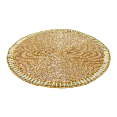 Mantel individual bordado de chaquiras doradas de 35cm