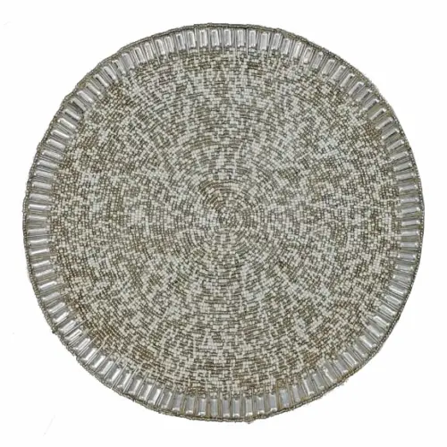 Mantel individual bordado de chaquiras plateado con blanco de 35cm