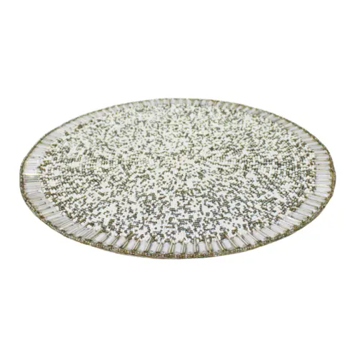 Mantel individual bordado de chaquiras plateado con blanco de 35cm
