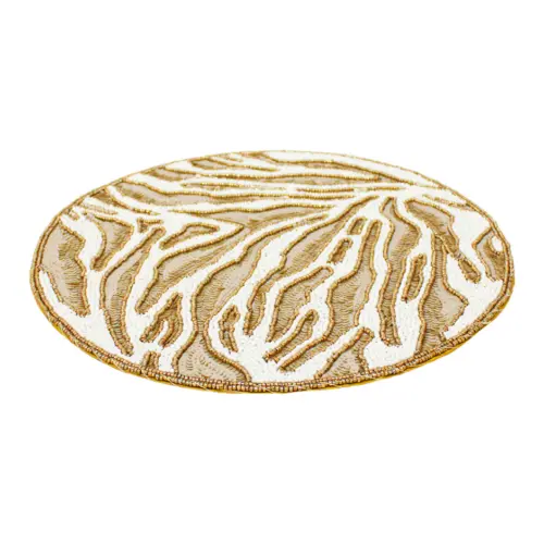 Mantel individual bordado de chaquiras a rayas crema con dorado de 35cm