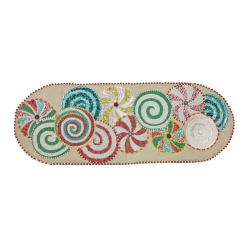 Camino de mesa bordado de chaquiras diseño caramelos de 90x32cm