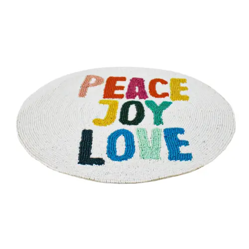 Mantel individual bordado de chaquiras con leyenda PEACE JOY LOVE de 35cm