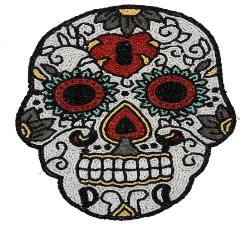 Mantel individual bordado de chaquiras diseño calavera blanca con negro de 35x25cm