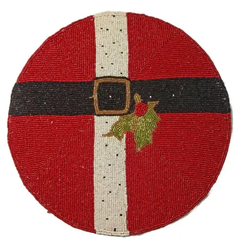 Mantel individual bordado de chaquiras diseño cinturón de santa rojo de 35cm