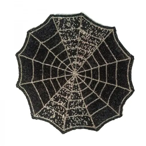 Mantel individual bordado de chaquiras diseño telaraña negra con plateado de 35cm