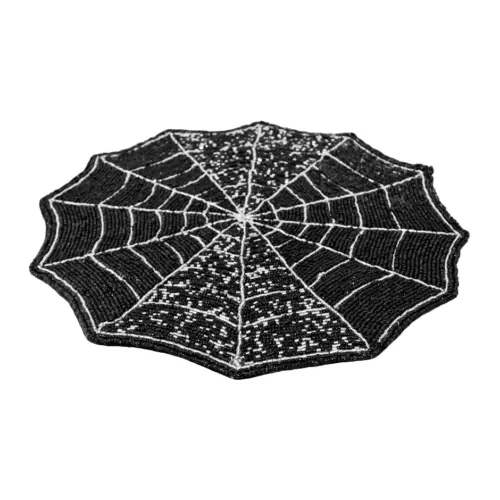 Mantel individual bordado de chaquiras diseño telaraña negra con plateado de 35cm