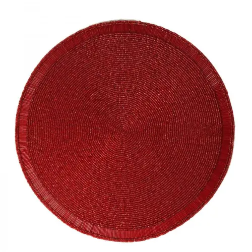 Mantel individual bordado de chaquiras rojas de 35cm