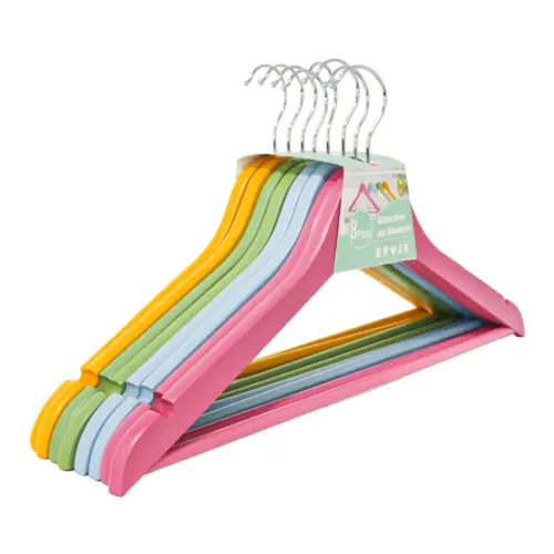 Juego de 8 ganchos de madera de colores mixtos rosa azul verde y amarillo en forma plana para ropa d