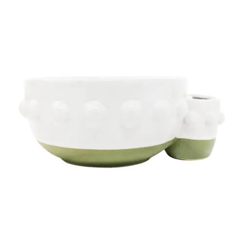 Bowl de porcelana blanca con porta palillos y bolitas en la orilla de 15×13.5×6.6cm