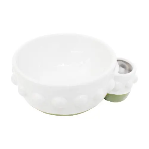 Bowl de porcelana blanca con porta palillos y bolitas en la orilla de 15×13.5×6.6cm