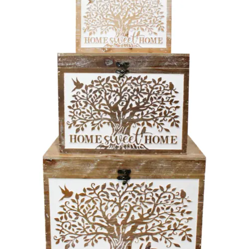 Juego de 3 baúles de madera con estampado de árbol de la vida de 45x30x35/36x24x28/27x18x21cm