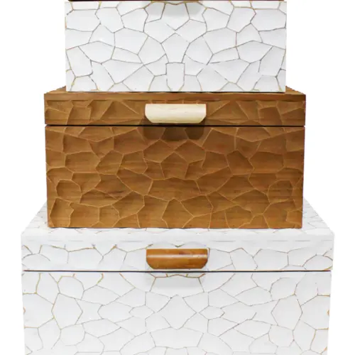 Juego de 3 baúles de madera blanca y madera natural de 48x30x25/40x25x21/34x20x18cm