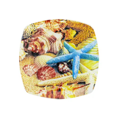Plato de cristal cuadrado con borde diseño estrella de mar de 25x25x2.5cm 