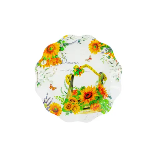 Plato de cristal con orilla ondulada diseño girasoles de 20x20x2cmn 