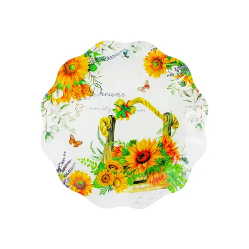 Plato de cristal con orilla ondulada diseño girasoles de 25x25x2.4cm 
