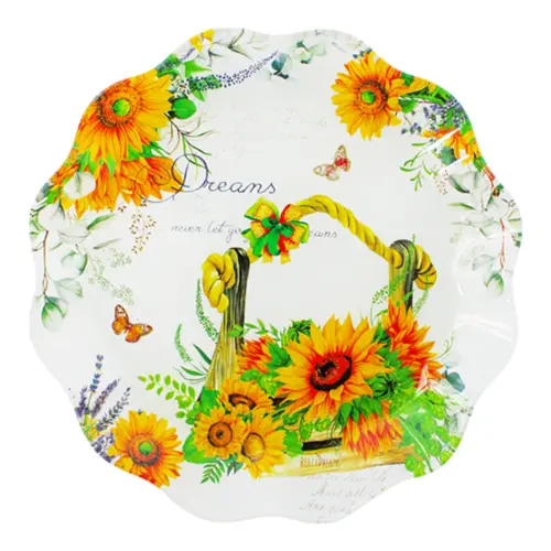 Plato de cristal con orilla ondulada diseño girasoles de 30x30x2.6cm 