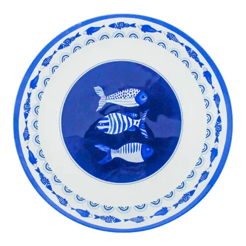 Plato de cristal redondo diseño peces azul de 30x30x2.2cm 