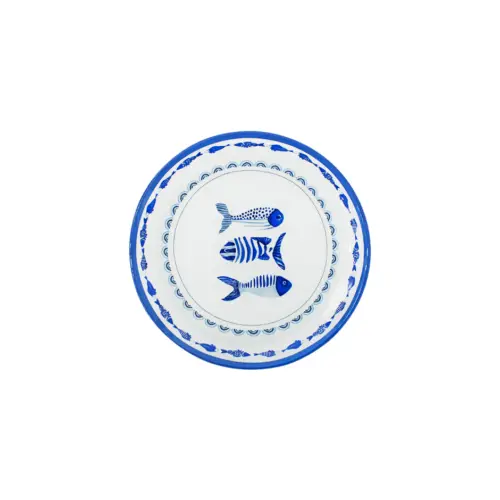Plato de cristal redondo diseño peces blanco con azul de 18x18x2cm 
