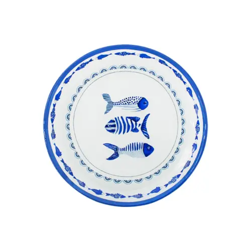 Plato de cristal redondo diseño peces blanco con azul de 23.4×23.4×2.2cm 