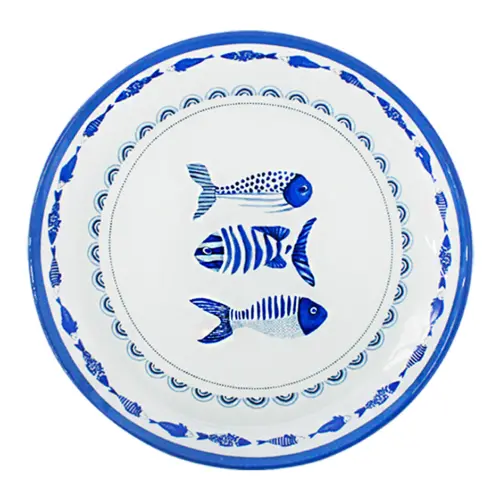 Plato de cristal redondo diseño peces blanco con azul de 28.3×28.3×2.4cm 