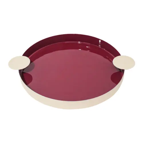 Charola oval de metal beige con fondo rojo de 37x30x3.5cm