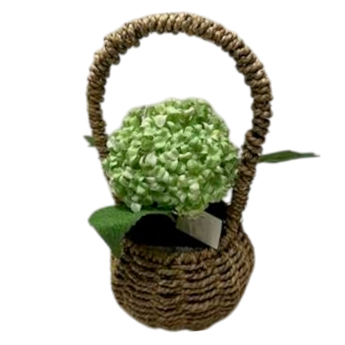 Canasta con asa tejida con flor artificial verde de 15x15x29cm