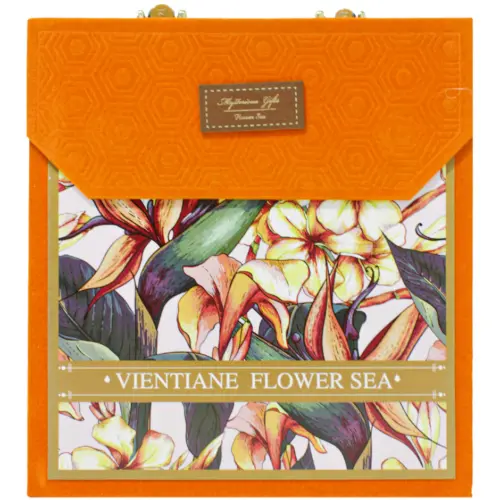 Bolsa de carton estampada naranja con asa diseño bambu de 21.5x8x23cm8x21.5x23cm