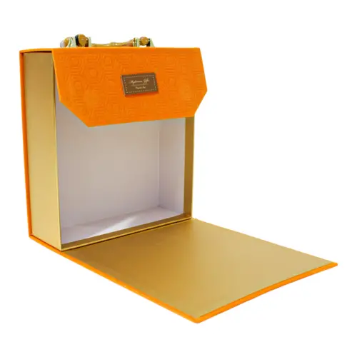 Bolsa de carton estampada naranja con asa diseño bambu de 21.5x8x23cm8x21.5x23cm