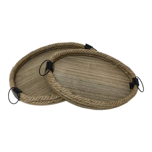 Juego de 2 charolas ovaladas diseño troncos de madera con cuerda en la orilla de 24x34x4.5cm