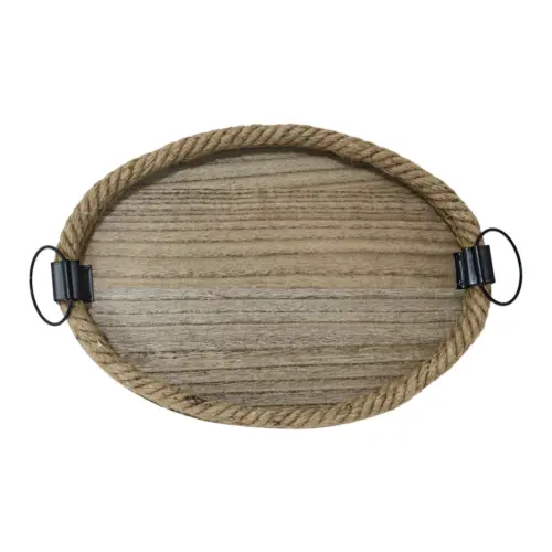 Juego de 2 charolas ovaladas diseño troncos de madera con cuerda en la orilla de 24x34x4.5cm