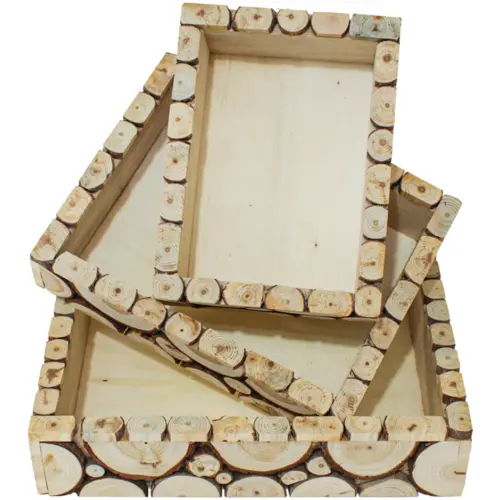 Juego de 3 charolas cuadradas diseño troncos de madera de 30x30x7cm