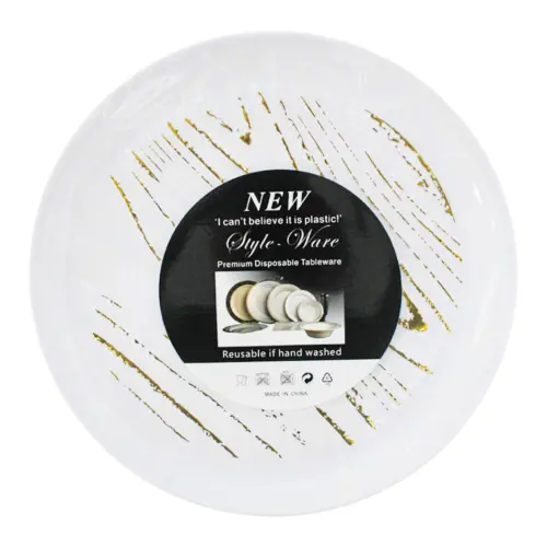 Juego de 3 platos de plástico blancos con dorado 25.5×25.5x3cm