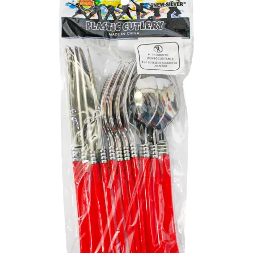 Juego de 12 cubiertos de plástico rojo cuchara/cuchillo/tenedor de 11×23.5×2.5cm