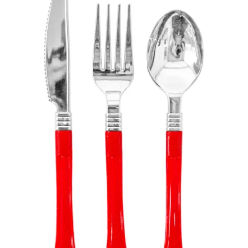 Juego de 12 cubiertos de plástico rojo cuchara/cuchillo/tenedor de 11×23.5×2.5cm