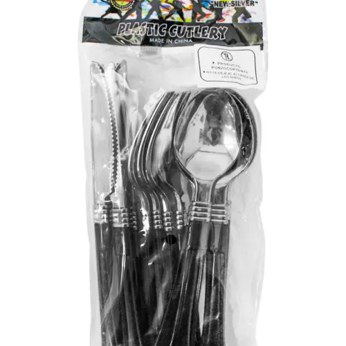 Juego de 12 cubiertos de plástico negro cuchara/cuchillo/tenedor de 11×23.5×2.5cm