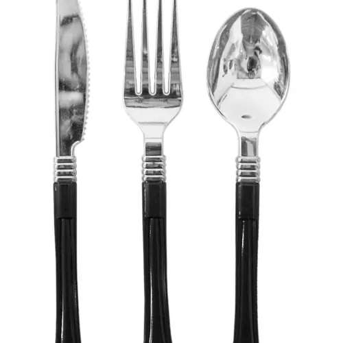 Juego de 12 cubiertos de plástico negro cuchara/cuchillo/tenedor de 11×23.5×2.5cm