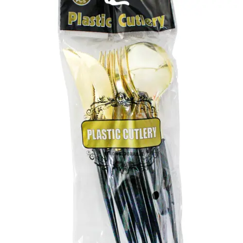 Juego de 12 cubiertos de plástico negro con dorado cuchara/cuchillo/tenedor de 11x26x2.5cm