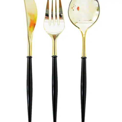 Juego de 12 cubiertos de plástico negro con dorado cuchara/cuchillo/tenedor de 11x26x2.5cm