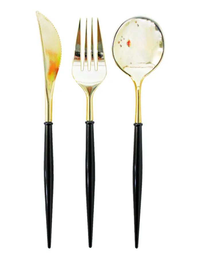 Juego de 12 cubiertos de plástico negro con dorado cuchara/cuchillo/tenedor de 11x26x2.5cm - Image 2