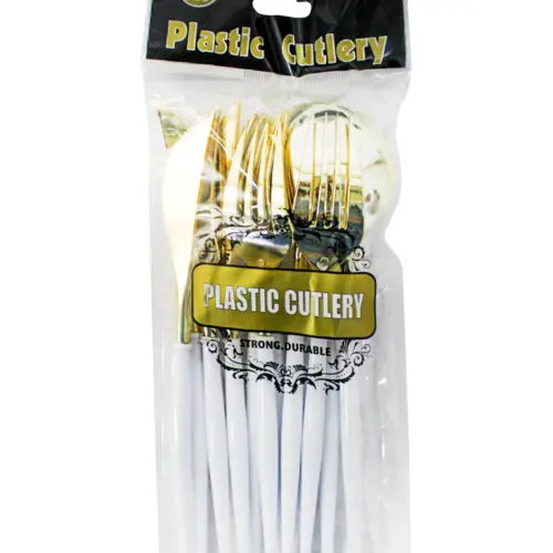 Juego de 12 cubiertos de plástico blancos con dorado cuchara/cuchillo/tenedor de 11x26x2.5cm