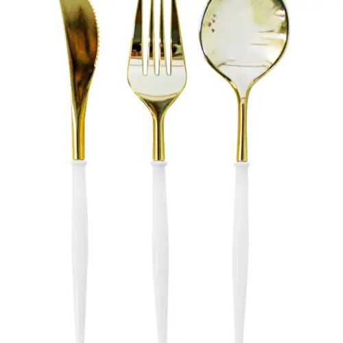 Juego de 12 cubiertos de plástico blancos con dorado cuchara/cuchillo/tenedor de 11x26x2.5cm