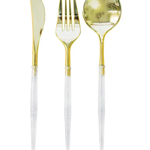 Juego de 12 cubiertos de plástico transparente con dorado cuchara/cuchillo/tenedor de 11x26x2.5cm