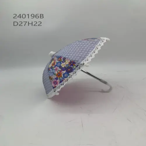 Paraguas decorativo de tela con cuadros azul con blanco y flores de 27x27x22cm