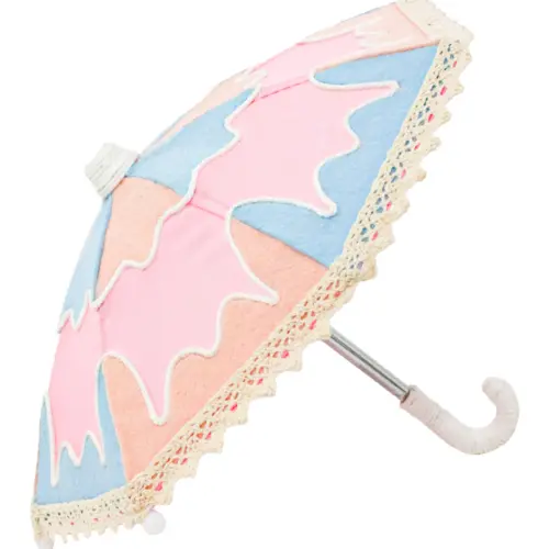 Paraguas decorativo de tela rosa con azul y durazno de 27x27x22cm