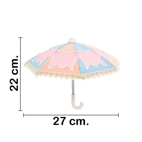 Paraguas decorativo de tela rosa con azul y durazno de 27x27x22cm